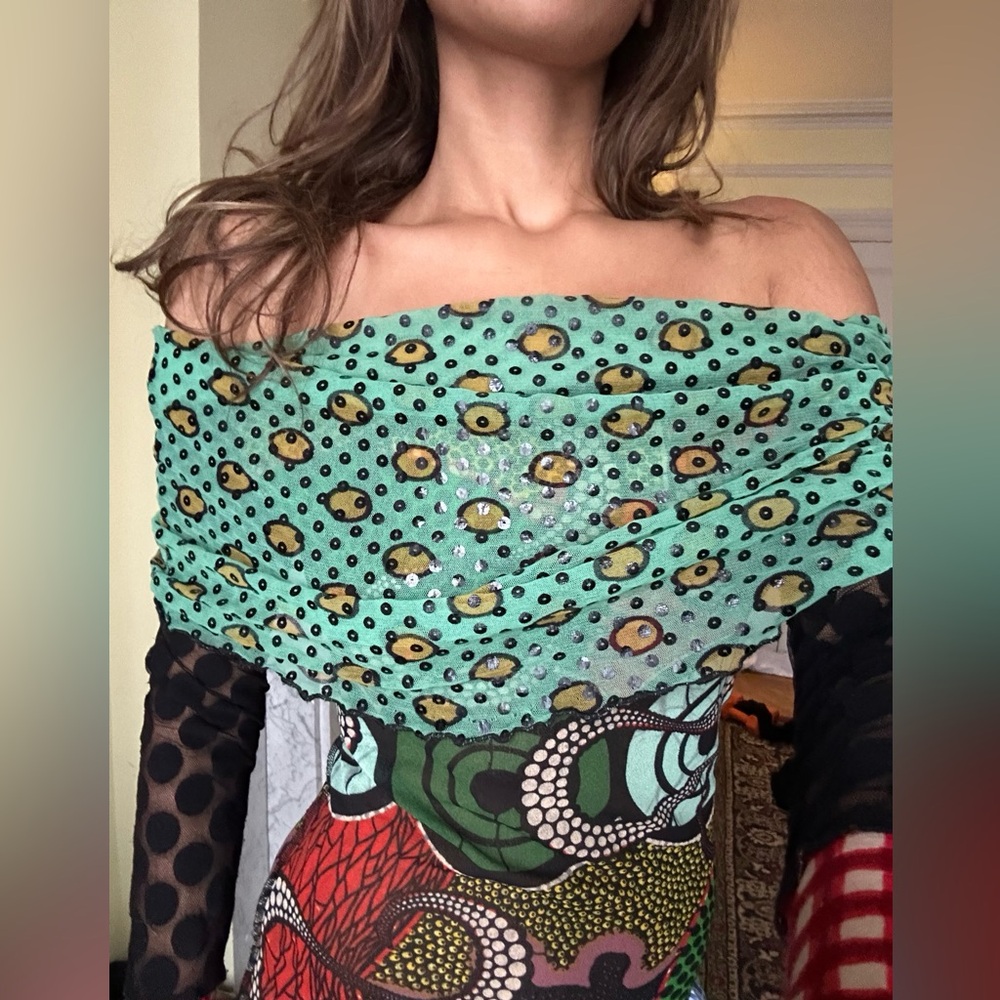 Jean Paul Gaultier Off Shoulder Sequin Pattern Mix Top - Picture 6 of 6